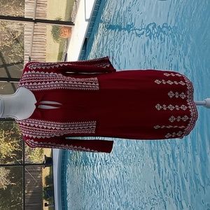 Alya Women's Size Small Maroon Embroidered 3/4 Sleeve V Neck Dress